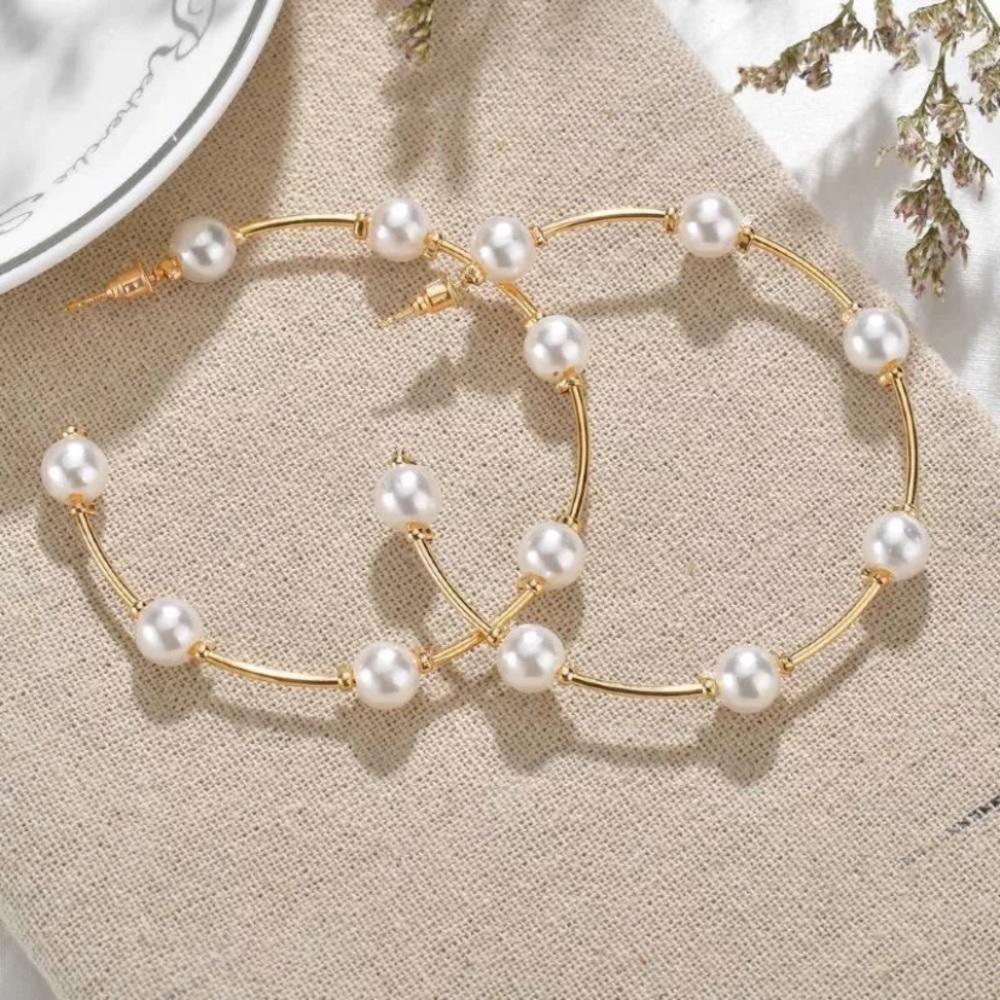 NEW Gold Plated Simulated Pearl Hoop Earrings - Picture 2 of 5